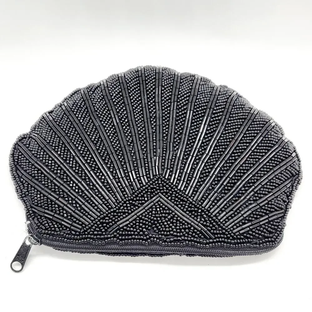 Vintage Seashell Silhouette Beaded Zip Closure Clutch Mini Bag Elegant Cocktail